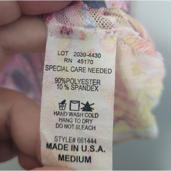 Bright pink green yellow semi sheer lace like abstract art to wear top size med - Picture 5 of 7